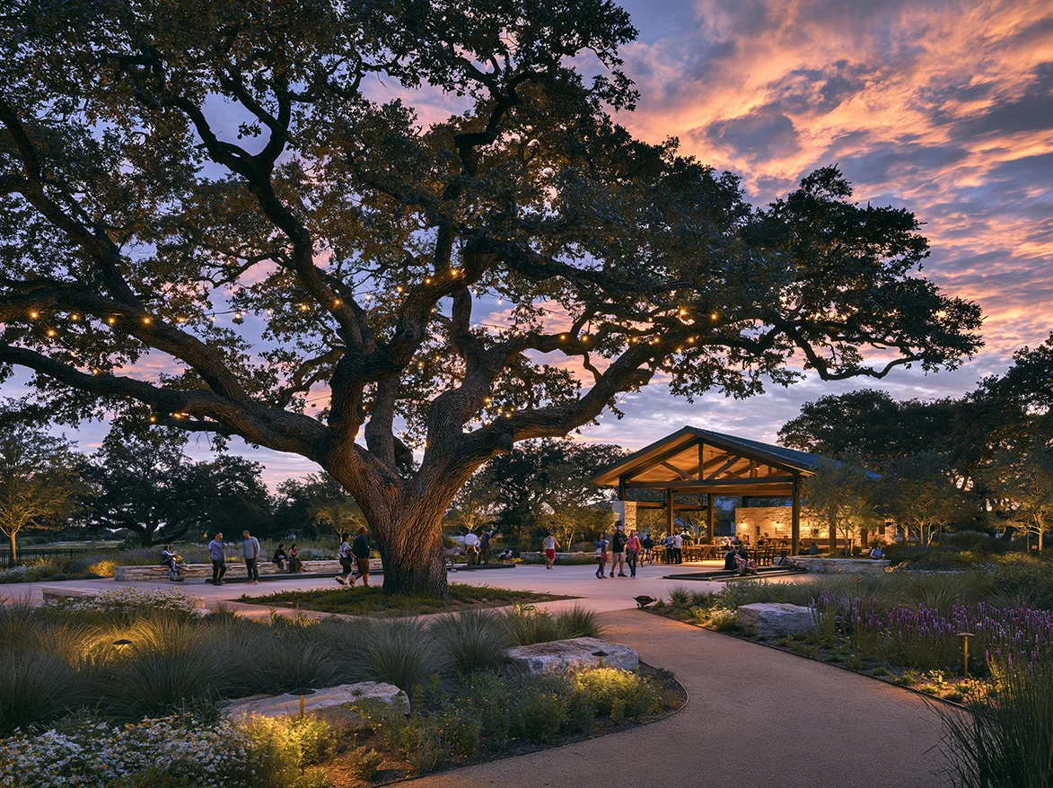 Community park pavilion surrounded by live oak trees