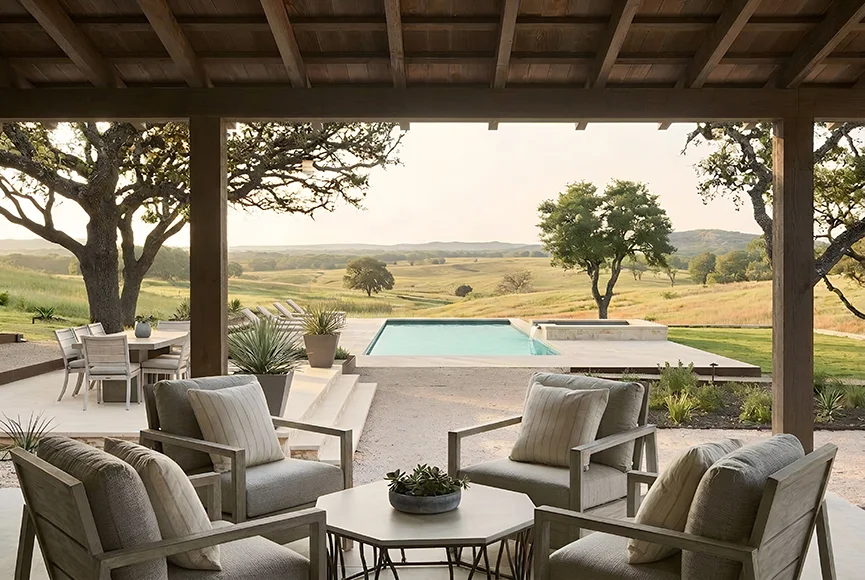 Hill Country outdoor living area with swimming pool