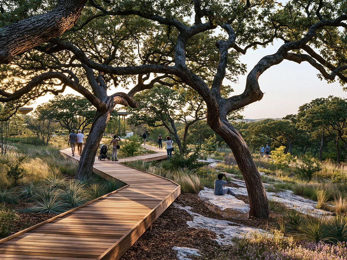 Nature trail boardwalk beneath live oak trees