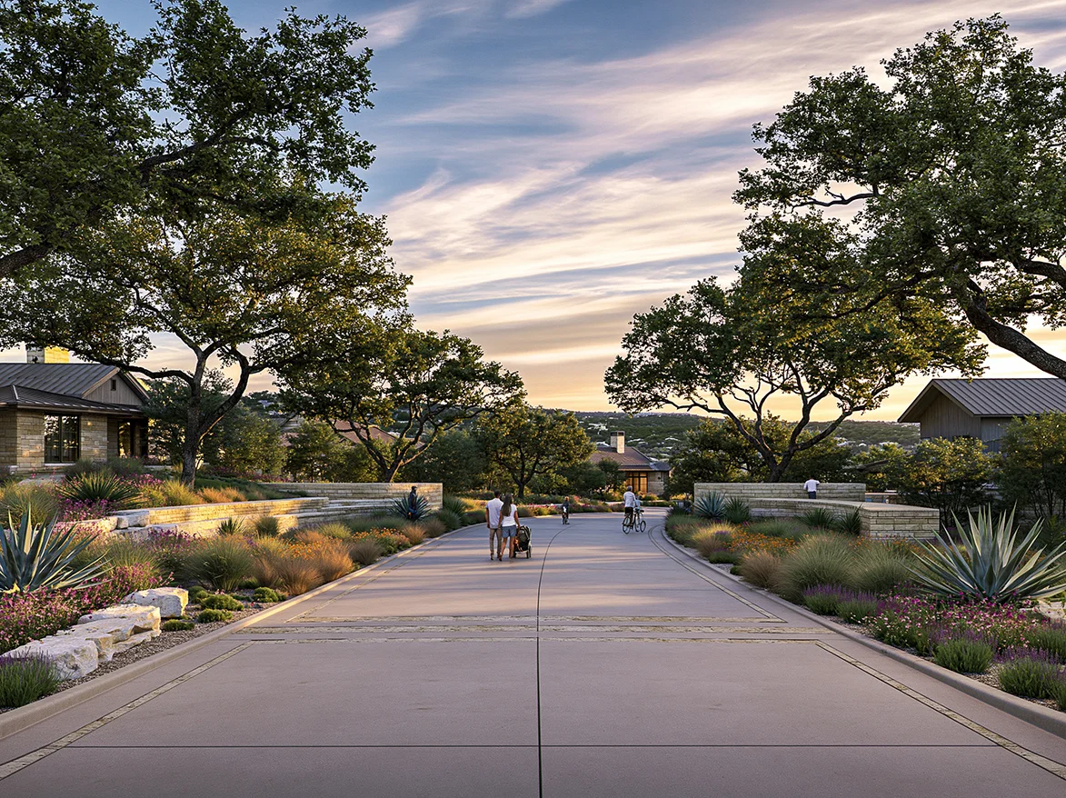 Residential streetscape lined with live oak trees